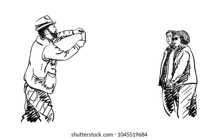 Sketch of bearded man in hat taking photo with smartphone of asian couple, Hand drawn vector illustration