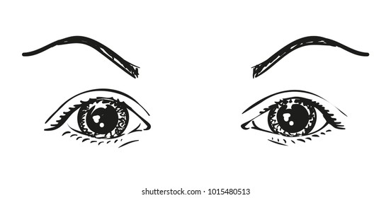 Sketch of beautiful big shiny eyes and thin eyebrows, Vector sketch close up, Hand drawn illustration