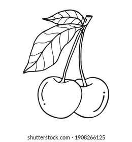 
Сherries sketch. Beautiful cartoon black and white outline. Hand drawn fruit illustration for greeting cards, posters, recipe, culinary design. Isolated on white background. 