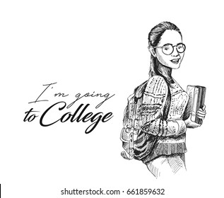 Sketch Of Beautiful College Student Holding Book On Isolated White Background