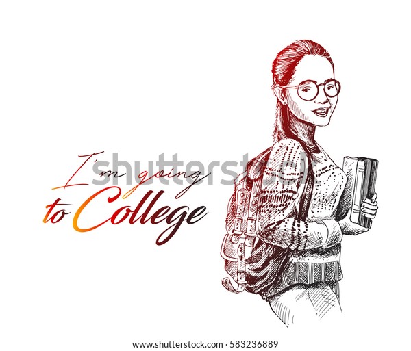 Sketch Beautiful College Student Holding Book Stock Vector