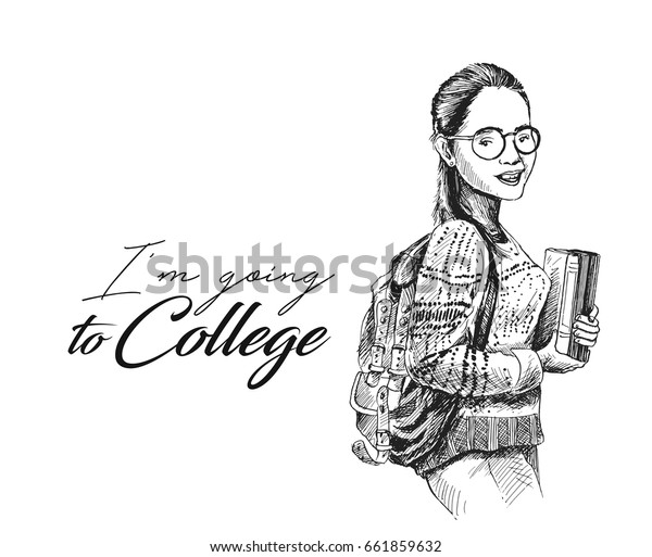 Sketch Beautiful College Student Holding Book เวกเตอร์สต็อก (ปลอดค่า