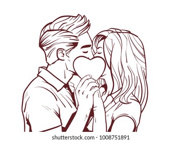 Sketch Beautiful Couple Kiss Holding Heart Shape In Hands Over White Background Vector Illustration