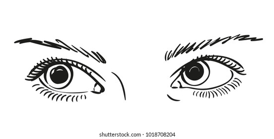 Sketch Of Beautiful Eyes Looking Up Right, Vector Sketch Close Up, Hand Drawn Illustration