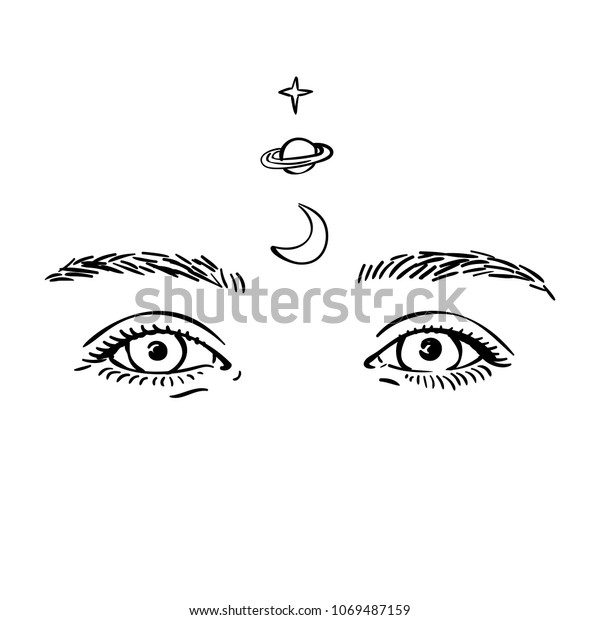 Sketch Beautiful Eyes Teenage Girl Moon Stock Vector