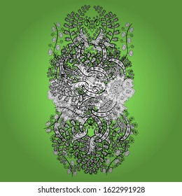 Sketch Beautiful fabric pattern. Vector. Doodles white, green and black on colors.