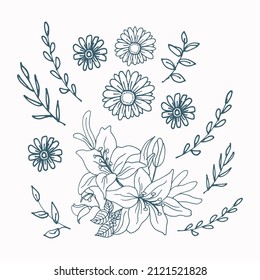 sketch of beautiful flower and leaf illustration isolated on grey background. hand drawn vector. set of flower and leaf. blue outline. doodle art for wallpaper, poster, sticker, clipart, gift, cover. 