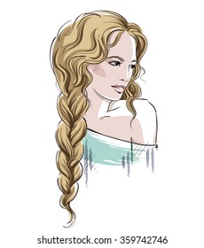 Sketch Of A Beautiful Girl With Braid. Fashion Illustration, Vector 