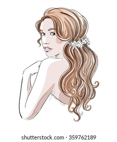 Sketch of a beautiful girl with bridal hairstyle. Fashion illustration, vector 