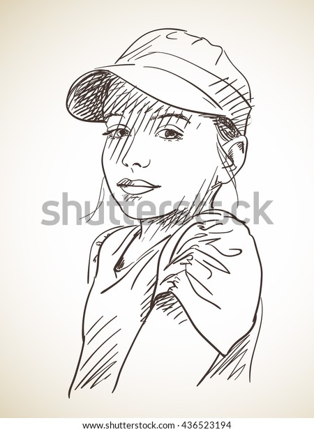 Sketch Beautiful Girl Cap Hand Drawn Stock Vector Royalty