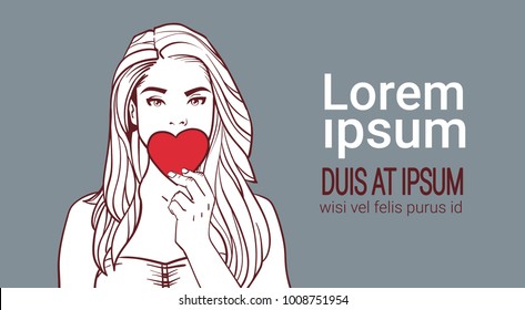 Sketch Beautiful Girl Closing Mouth With Red Heart Shape Valentines Day Concept Over Background With Copy Space Vector Illustration