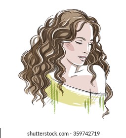 Sketch of a beautiful girl with curly hair. Fashion illustration , vector 