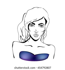 Sketch of a beautiful girl in a dress with a print space. Vector illustration