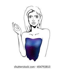 Sketch of a beautiful girl in a dress with a print space. Vector illustration