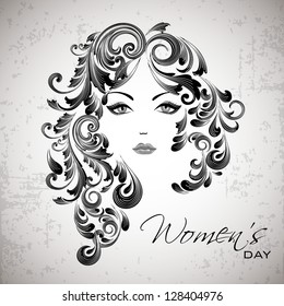 Sketch of a beautiful girl with floral decorated hairs for Happy Women's Day.