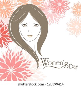Sketch of a beautiful girl on floral decorated background for Happy Women's Day.