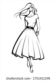 Sketch of a beautiful girl walking. Fashion, style, beauty. Vector black-white drawing.