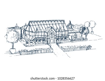 Sketch of beautiful glasshouse building surrounded by bushes and trees growing in pots. Freehand drawing of facade of glass greenhouse. Hand drawn vector illustration in black and white colors.