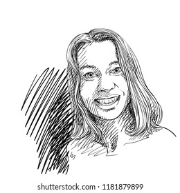 Sketch of beautiful happy woman portrait, Hand drawn vector illustration with cross hatched shades