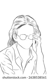 sketch of beautiful long-haired woman taking off her glasses