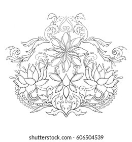 Sketch of beautiful lotuses in a graceful ornament on a white background.