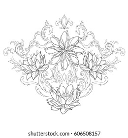 Sketch of beautiful lotuses in a graceful ornament on a white background.