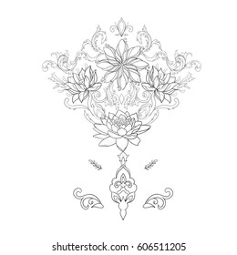 Sketch of beautiful lotuses in a graceful ornament on a white background.