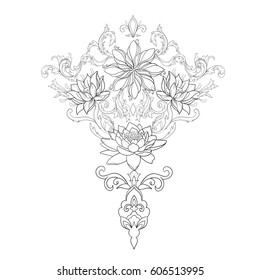 Sketch of beautiful lotuses in a graceful ornament on a white background.