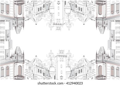 Sketch of beautiful old city view with cafe - coffee frame