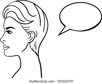 A sketch of a beautiful pop art girl in profile. Short haired pin up woman's head in vector with a speech bubble