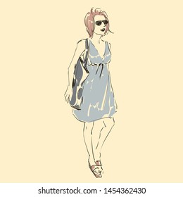 Sketch of beautiful slim elegant woman in fashion summer clothes in glasses with bag. Vector illustration. Scribble hand drawing by black lines, freehand.