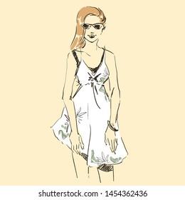 Sketch of beautiful slim elegant woman in fashion summer clothes in glasses with bag. Vector illustration. Scribble hand drawing by black lines, freehand.