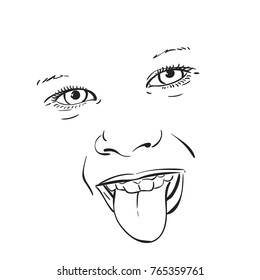 Sketch of beautiful smiling girl face with tongue sticking out, Hand drawn vector illustration