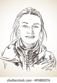 Sketch of beautiful smiling woman face, Hand drawn vector illustration