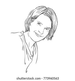 Sketch Of Beautiful Smiling Woman Face With Short Haircut, Hand Drawn Vector Illustration