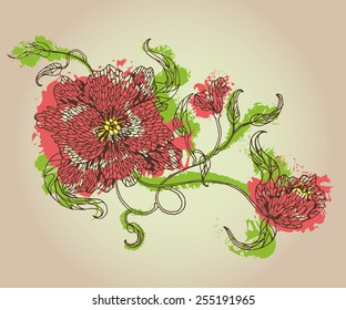 sketch of beautiful spring flowers with buds and leaves