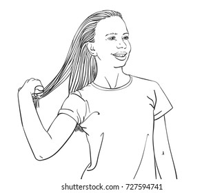 Sketch Beautiful Teenage Girl Combing Her Stock Vector (Royalty Free ...