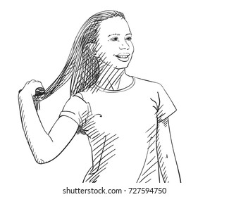 Sketch of beautiful teenage girl combing her long hair and smile, Hand drawn vector illustration with hatched shade isolated on white background