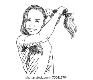 Sketch of beautiful teenage girl combing her hair in ponytail, Hand drawn vector illustration with hatched shade isolated on white background