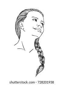 Sketch of beautiful teenage girl face with long braid, Hand drawn vector line art illustration isolated on white background