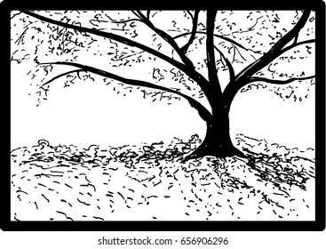 Sketch of the beautiful tree with many branches, oak.