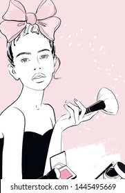 A sketch of Beautiful woman with a pink bow and makeup brush and blush and eyeliner banner. Makeup beauty fashion vector illustration. Hand drawn fashion model posing. Sketch Style, beauty