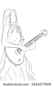 sketch of a beautiful woman playing guitar on a white background