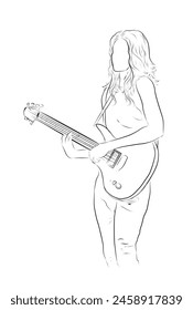 sketch of a beautiful woman playing guitar on a white background