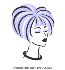 Sketch Of A Beautiful Woman's Face. The Head Of A Girl With Closed Eyes, Long Eyelashes, Beautiful Lips, Short Bob Hair, Decoration On The Neck. Blue Eyeshadow And Straight Hair. Vector Illustration.