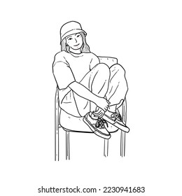 sketch Beautiful women sitting on chair vector line art modern illustrations