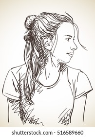 Sketch of beautiful young girl with hair tied in ponytail, Hand drawn illustration