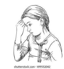 Sketch of beautiful young girl thinking, Hand drawn vector illustration
