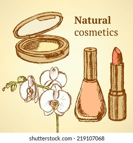 Sketch beauty equipment with orchid in vintage style, set 