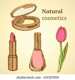 Sketch beauty equipment with tulip in vintage style, set 